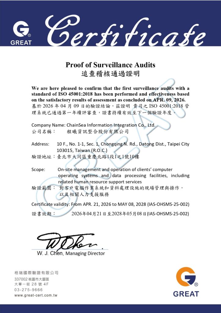 ISO 45001:2018 續評通過證明書